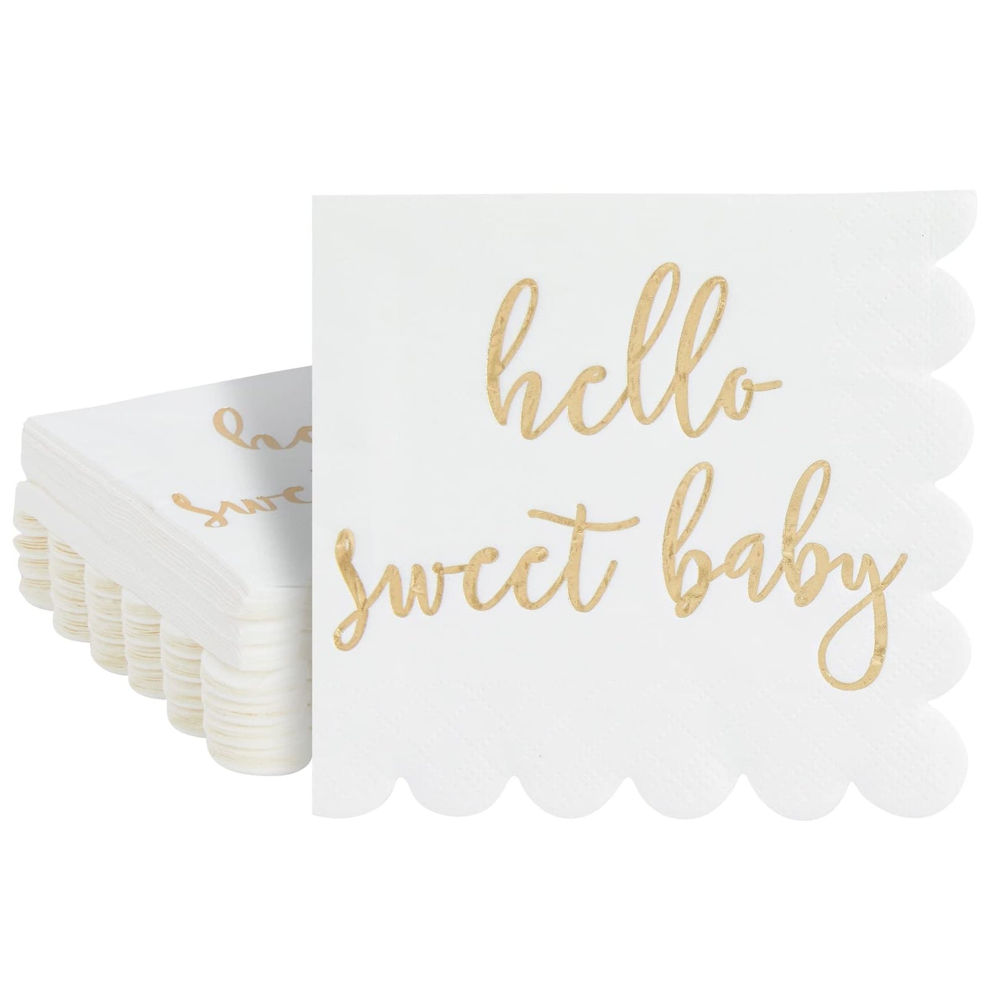 50 Pack 5x5 Inch White Scalloped Napkins with Gold Foil Hello Sweet Baby - Gender Neutral Baby Shower Napkins & Table Decor for Boy Girl Sprinkle Decorations