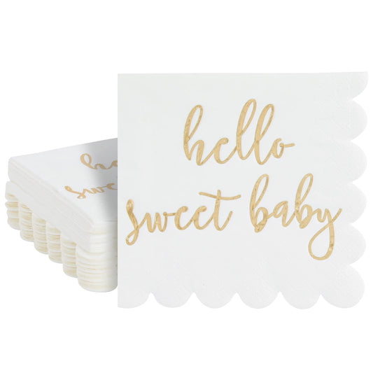 50 Pack 5x5 Inch White Scalloped Napkins with Gold Foil Hello Sweet Baby - Gender Neutral Baby Shower Napkins & Table Decor for Boy Girl Sprinkle Decorations