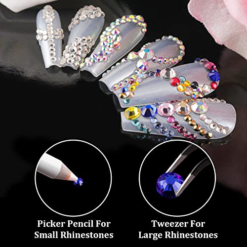 AB and Clear and Mixed Color Flatback Round Rhinestones Kit, Multi Size Glass Crystals Bead with Pickup Pencil and Tweezer for DIY Nail Art