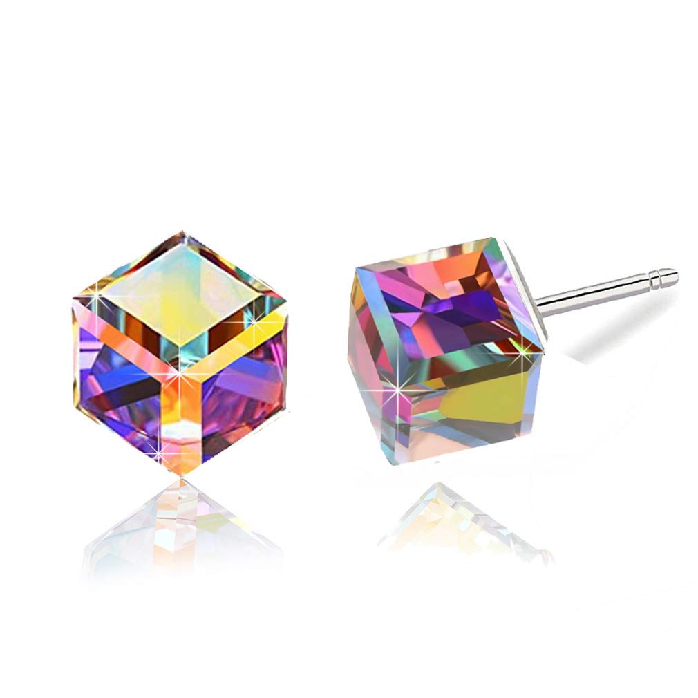 Cube Austrian Crystal Drop Stud Earrings for Women Fashion S925 Sterling Silver Hypoallergenic Jewelry (Rainbow)