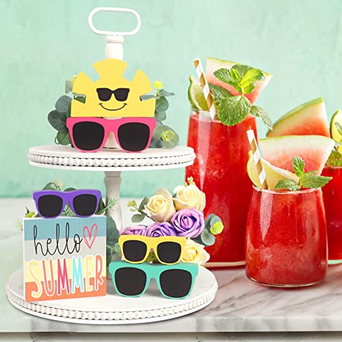 Summer Decor - 6 PCS Rustic Summer Tiered Tray Decor - Hello Summer Sunglasses Sunshine Wood Decorations - Luau Party Decorations