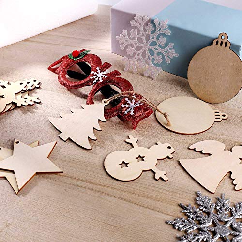 50 Pcs Unfinished Paintable Blank Wooden Christmas Festival Decoration Ornaments, Xmas Tree Hanging Wood Slices for Kids DIY Art Crafts, 5 Designs-Christmas Tree, Snowman, Stars, Angel, Round