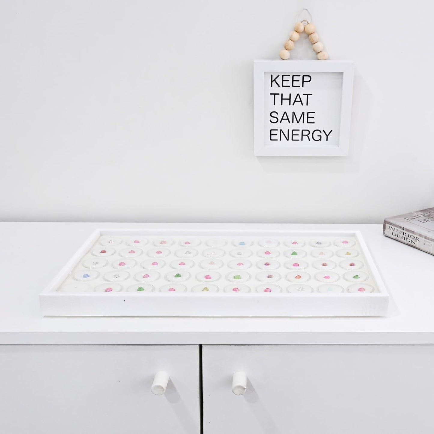 Ikee Design 50 White Foam Gem and Bead Storage Jars Showcase Stackable Display Tray Storage Box for Collectibles, Home Organization, 14.75 W x 8.25 D x 1 H in