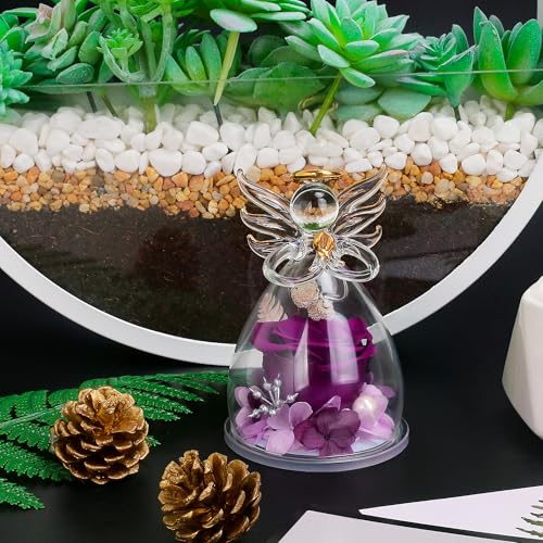Mothers Day Mom Gifts for Her,Preserved Flowers Rose in Glass Angel Figurines,Birthday Gifts for Women,Mothers Present from Daughter,Purple Flowers Angels for Grandma Wife Sister Girlfriend Valentines