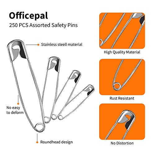 Officepal Premium Quality 4-Size Pack of Safety Pins- Top 250-Count – Durable, Rust-Resistant Nickel Plated Steel Set- Best Sewing Accessories Kit for Baby Clothing, Crafts, Arts (4-Size in 1 No.001)