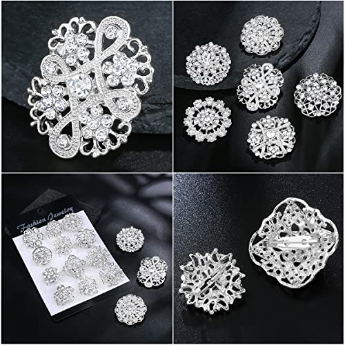 MEEDOZ 36 Pieces Crystal Rhinestone Flower Brooches for DIY Craft Party (Silver 36pcs)