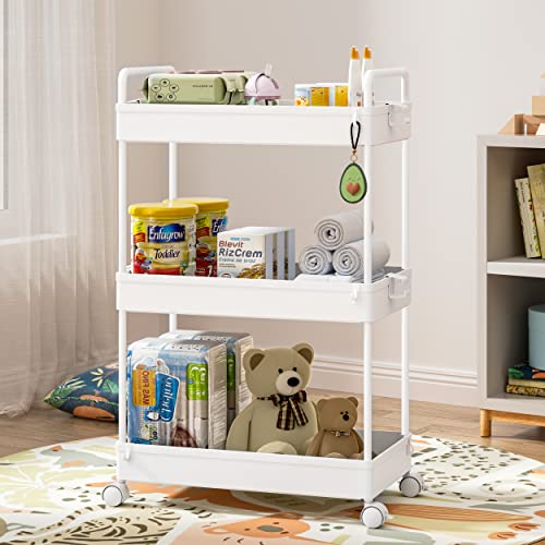 Ronlap 3 Tier Classic Storage Rolling Cart Slim Storage Cart with Wheels Slide Out Storage Rolling Cart Organizer Plastic for Bathroom Laundry, White