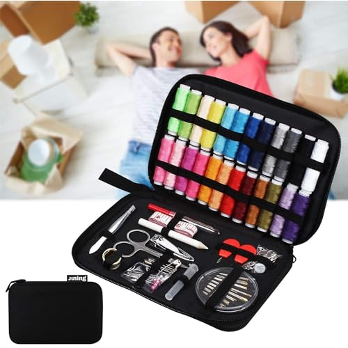 JUNING Sewing Kit with Case, 130 pcs Sewing Supplies for Home Travel and Emergency, Kids Machine, Contains 24 Spools of Thread, Mending and Sewing Needles, Scissors, Thimble, Tape Measure etc