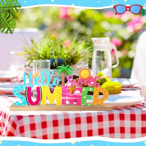 Hello Sweet Summer Metal Sign Rustic Table Decor Holiday Tiered Tray Decor with Wooden Base Freestanding Metal Word Sign for Home Tabletop Centerpiece Mantel Shelf Fireplace