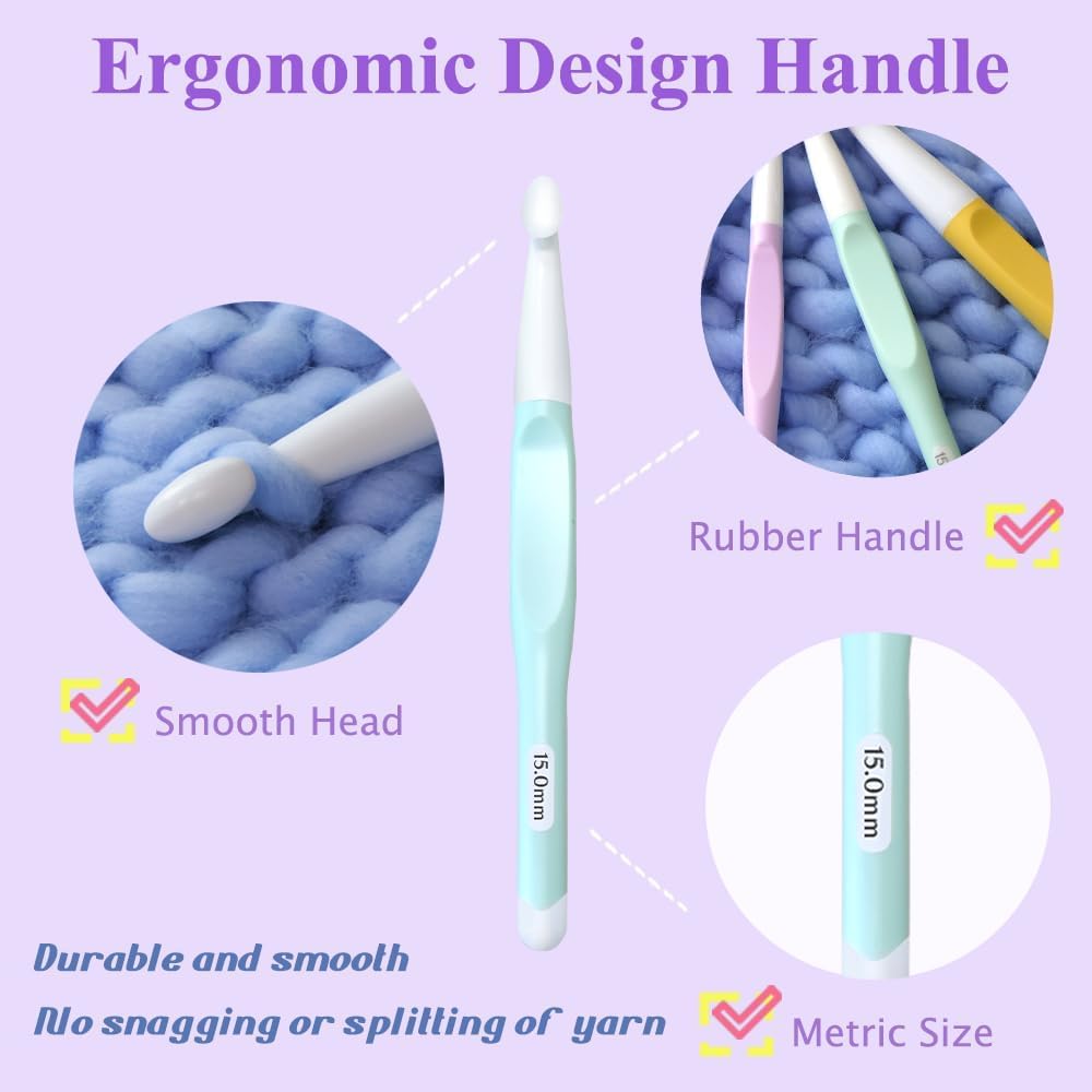 Yarniss Large Ergonomic Crochet Hooks Set, Big Crochet Hooks for Chunky Yarn Size 8.0mm 10.0mm 12.0mm 15.0mm 20.0mm