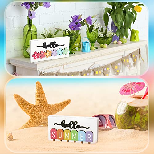 5 Pcs Hello Summer Sign Interchangeable Seasonal Sign Spring Fall Winter Tiered Tray Decor 5.9 x 3 Inch Wooden Gloves Decor 4 Seasons Farmhouse Table Centerpiece Decoration for Home(Fresh)