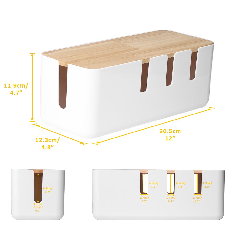 Cable Management Box by Baskiss, 12x5x4.5 inches, Wood Lid, Wire Organizer for Desk TV Computer USB Hub System to Cover and Hide & Power Strips & Cords