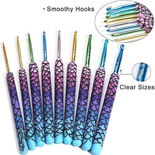 LOOEN 9pcs Magic Mermaid Crochet Hoook Solft Warm Crochet Hook Kit Complete 2.0-6.0mm Aluminum Knitting Hook for Crochet Yarn Craft (Patent Pending) (Mermaid)