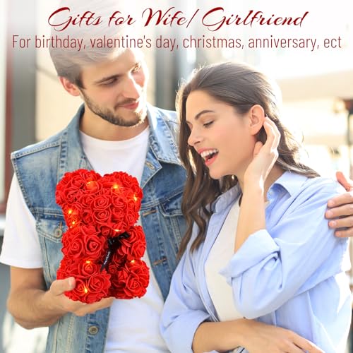 Otlonpe Bear Rose Flower, Mothers Day Flowers Gifts for Mom Wife Grandma Daughter Friends Sister Her, 9 inch Handmade Roses Led Light in Gifts Box, Womens Gifts for Birthday Christmas Valentines