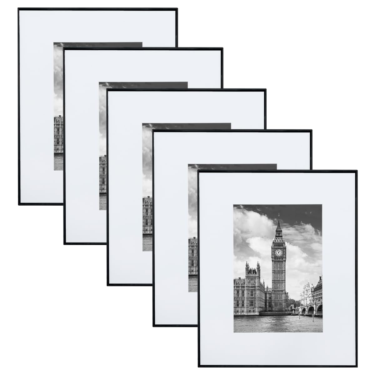 GOmaize Front Loading Black Picture Frame Set of 5,Display pictures 5x7 with mat or 8x10 without mat,Wall and Table Mounting