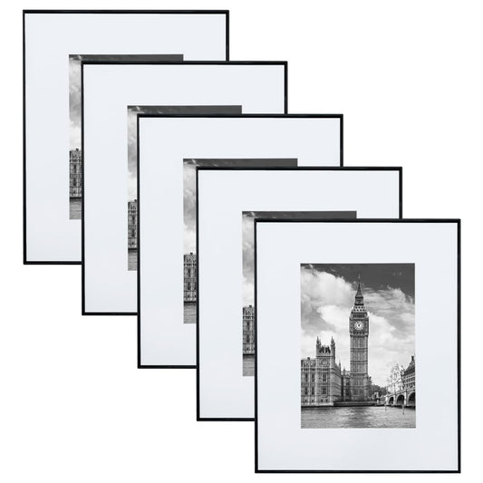 GOmaize Front Loading Black Picture Frame Set of 5,Display pictures 5x7 with mat or 8x10 without mat,Wall and Table Mounting