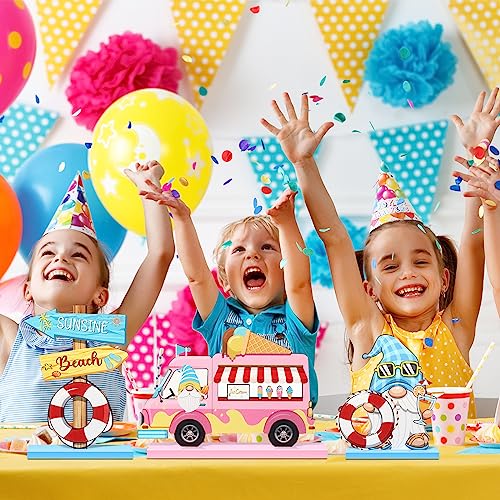 7 Pieces Hello Summer Table Decoration Sign Wooden Centerpieces Beach Gnome Wooden Decor for Farmhouse Summer Beach Home Table Tiered Tray Decor