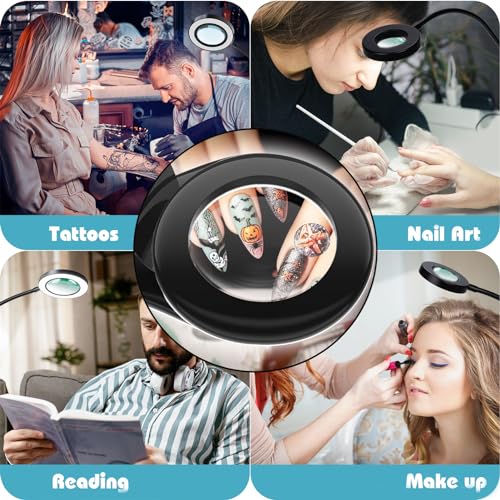 Yeegras Desk Magnifying Glass with Light 10x, Magnifer with 3 Light Color, 10 Adjustable Brightness, Flexible Gooseneck, Magnifying Lamp with Clamp for Craft, Diamond Painting, Soldering, Elderly