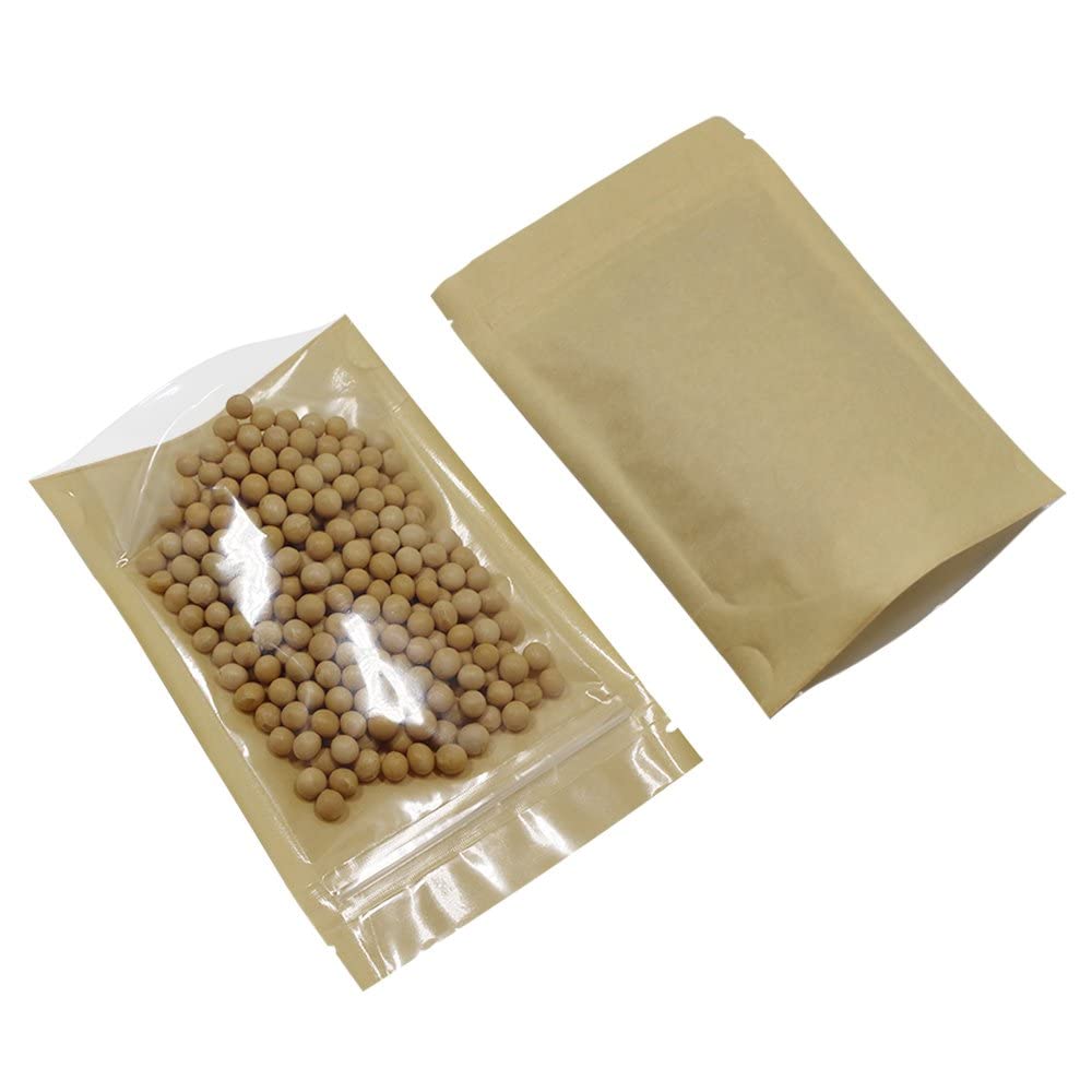 FERENLI 50 Pcs Clear Fornt Brown Kraft Paper for Zip Plastic Package Lock Bag Doypack Stand Up Pouch Zipper Lock Reclosable Pouch Nuts Coffee Food Storage Packaging Pack (3.9x5.9 inch)