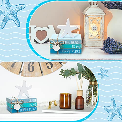 4 Pcs Starfish Shell Beach Tiered Tray Beach Blue Wooden Book Decor Wood Stacked Book Table Centerpiece for Summer Rustic Farmhouse Home Living Room Decorative(Starfish Shell)