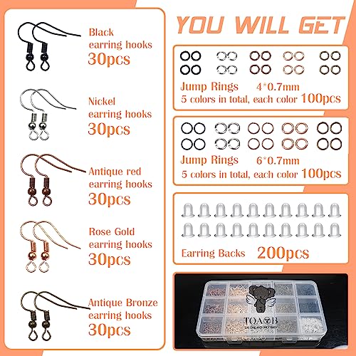 TOAOB 150pcs Hypoallergenic Earring Hooks Mixed Colors Ear Wire Hooks Earring Making Kit with 1000pcs Open Jump Rings 200pcs Earring Backs for Jewelry Making Findings