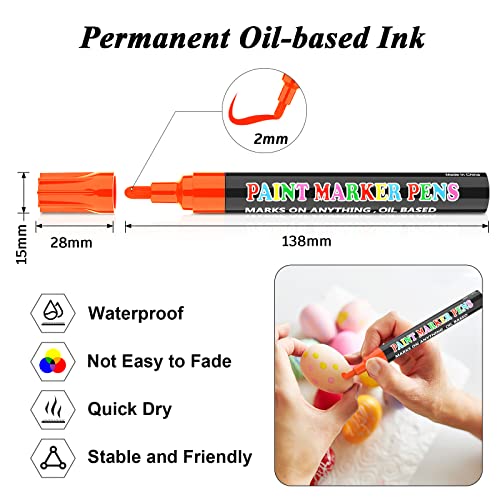 SUPKIZ Paint Pen Paint Markers, 12 Colors Oil-Based Waterproof Marker Pens, Permanent Fabric Paint Quick Dry Marker for Metal, Egg, Tire, Rock, Wood, Canvas, Plastic, Glass, Engineer, DIY Craft