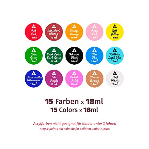 Tritart Acrylic Paint Set - 15 x 0.6oz Paints for Canvas Painting & Artists Painting Supplies - Acrylic Paint Set for Adults and Kids with Free Brush