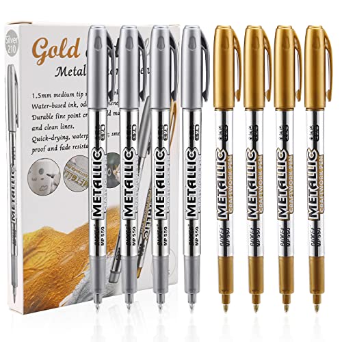 LOONENG Gold and Silver Marker Metallic, Fine Point Gold and Silver Markers Permanent Metallic for Artist Illustration, Crafts, Gift Card Making, Scrapbooking, Fabric, DIY Photo Album, 8 Count