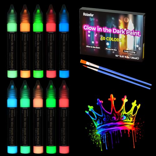 Roizefar Fabric Paint, 10 Colors Glow in the Dark Paint, 3D Permanent Acrylic Textile Paint (20 ml/0.68 oz), Neon Craft Painting Fabric Paint for Clothes, Canvas, T-Shirt, Ideal for Art Supplies and