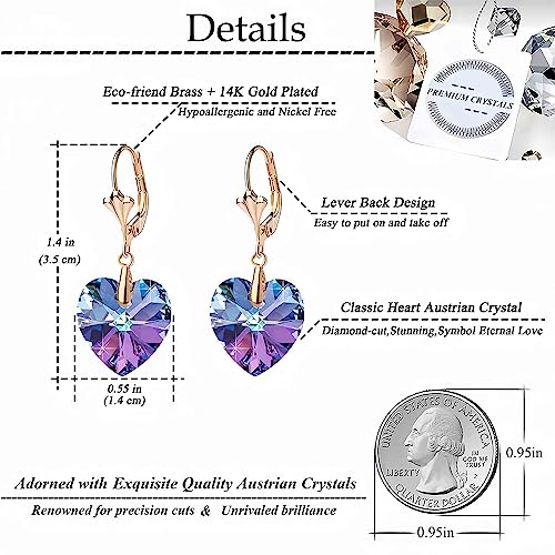 Austrian Crystal Heart Drop Leverback Earrings for Women Fashion Dangle Earring 14K Rose Gold Plated Hypoallergenic Jewelry (Vitrail Light)