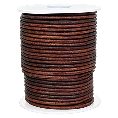GENIQUE Real/Genuine Round Leather String Cord for Necklace, Bracelets, Jewellery, Braiding (2mm, Antique Brown Distressed)