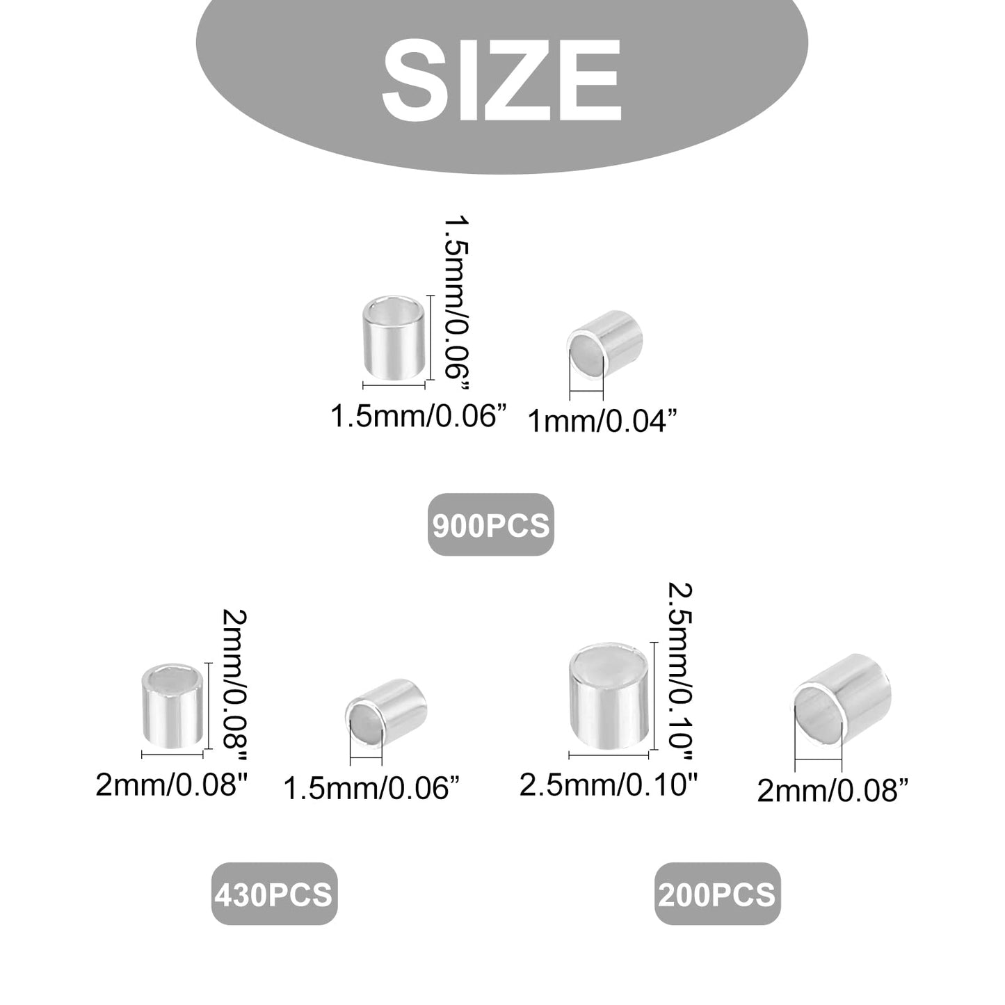 PH PandaHall Crimp Tube Beads, 3000 Pcs 1.5mm 2mm 2.5mm Brass Tube Crimp End Spacer Beads Cord End Caps Loose Stopper Beads for Earring Necklace Pendant DIY Jewelry Gift Making, Silver