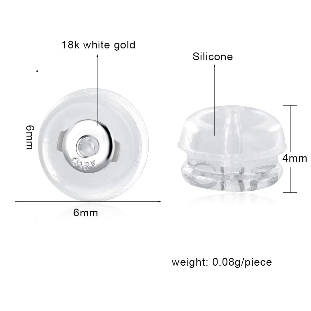 Silicone Earring Backs Replacement | Comfortable Rubber Earring Backings for Stud | Clear Plastic Soft Flat Earing Backs Secure Safety Locking (1 Pair 14K White Gold)