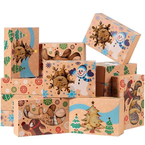 JOYIN 12 Foiled Kraft Christmas Cookie Boxes with Window 8.5" x 5.75" x 2.75", Treat Boxes with 3 Designs for Pastries, Cupcakes, Brownies, Gift-Giving, Doughnut and Cookie, Brown Kraft Bakery Boxes
