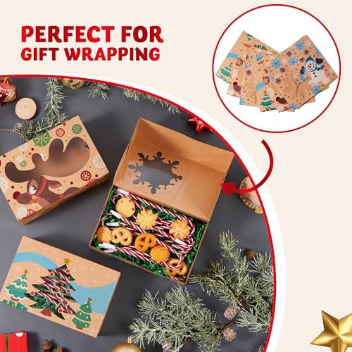 JOYIN 12 Foiled Kraft Christmas Cookie Boxes with Window 8.5" x 5.75" x 2.75", Treat Boxes with 3 Designs for Pastries, Cupcakes, Brownies, Gift-Giving, Doughnut and Cookie, Brown Kraft Bakery Boxes