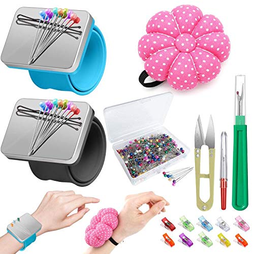 ICNOW 216 PCS Sewing Pin Cushion Kit, Needle Cushion, 2 Magnetic Wrist Pincushion with 200 Straight Sewing Pins, 10 Sewing Clips, 2 Seam Rippers and 1 Sewing Scissor, Sewing Products for DIY