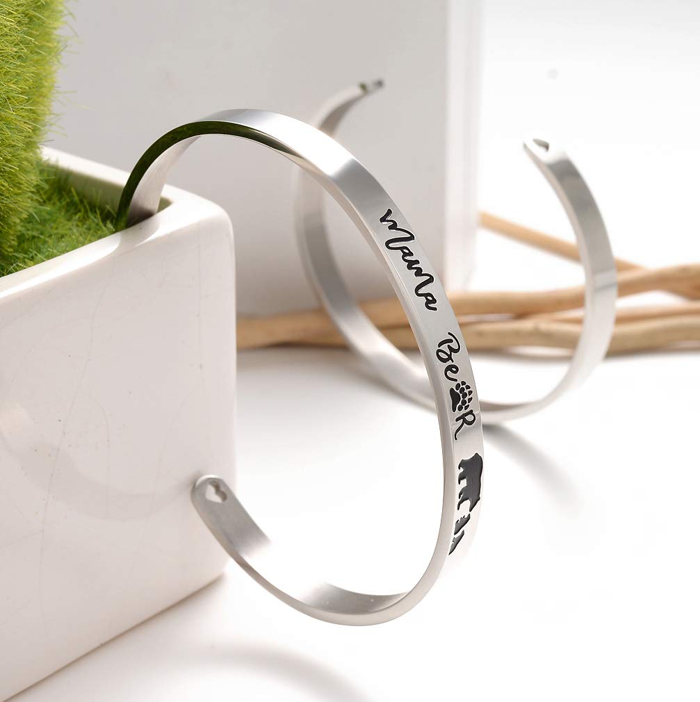 Veeshy Mama Bear Cuff Bracelets, Mother with Two 2 Cubs Bangles, Womens Stainless Steel Jewelry, Christmas Birthday Thanksgiving Gifts for Mummy Mom