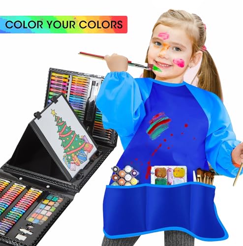 Art Supplies, 215-Piece Art Set Crafts Drawing Kit with Trifold Easel, Includes Preprinted Paper, Oil Pastels, Crayons, Colored Pencils, Smock & More Gifts for Girls Boys Teen Ages 4-6-8-9-12