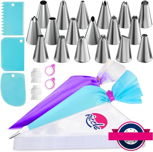 Riccle Piping Bags and Tips Set, 12 Inch 100 Anti Burst Piping Bags, Cake Decorating Kit with 18 Piping Tips, 1 Reusable Pastry Bags, 3 Cake Scrapers, 2 Couplers, and 2 Icing Bags Ties