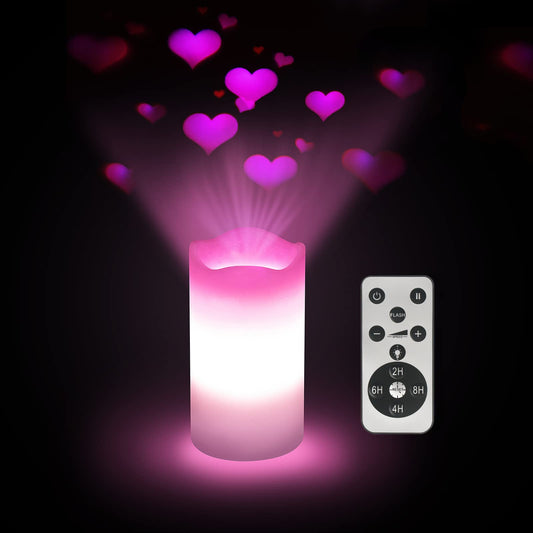 XingsLight Valentines Day Flameless Candles Romantic Pink Heart Projector Lights Battery Operated Night Light with Remote and Timer, LED Candle Home Decorations