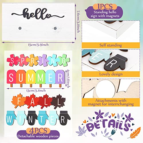 5 Pcs Hello Summer Sign Interchangeable Seasonal Sign Spring Fall Winter Tiered Tray Decor 5.9 x 3 Inch Wooden Gloves Decor 4 Seasons Farmhouse Table Centerpiece Decoration for Home(Fresh)