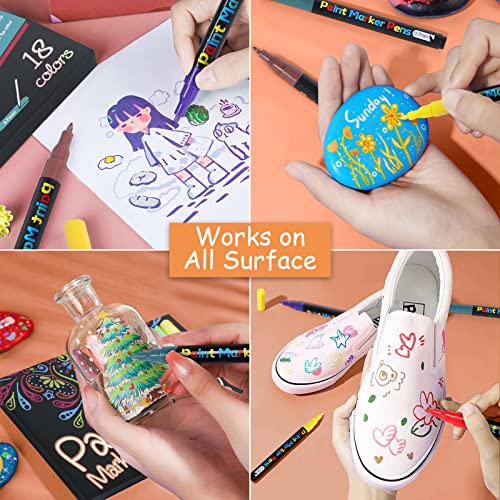 YUNISS 18 Colors Acrylic Paint Pens, Paint Markers for Rock Painting Wood Canvas Fabric Glass Ceramic Easter Eggs Pumpkin (0.7mm)