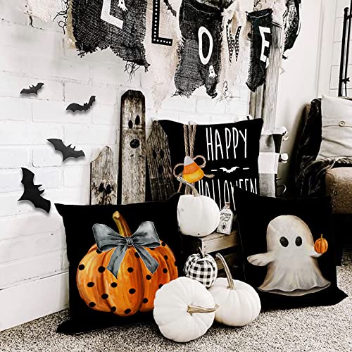 GEEORY Halloween Pillow Covers 18x18 inch Set of 4 Trick or Treat Pumpkin Ghost Throw Pillow Covers for Fall Halloween Decorations Halloween Party Pillows Decorative Pillow Covers for Couch Sofa