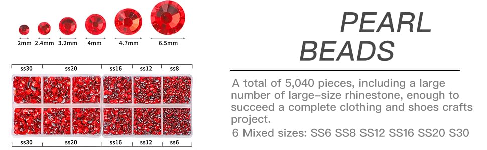 OUTUXED 5040pcs Red Flatback Rhinestones for Crafting, Crystal Round Gems for Nail Art DIY Crafts Clothes Bags, 6 Mixed Size Hotfix Rhinestones with Tweezers and Picking Rhinestones Pen