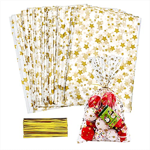 LEOSINDA 100 pcs Clear 5"X 11" Flat Gift Wrap Cellophane Bags Cello Bags Cookie Bags Treat Bags with Twist Ties Poly Bag 1.3 mil for Bakery, Cookie, Candies Gold Star Printed