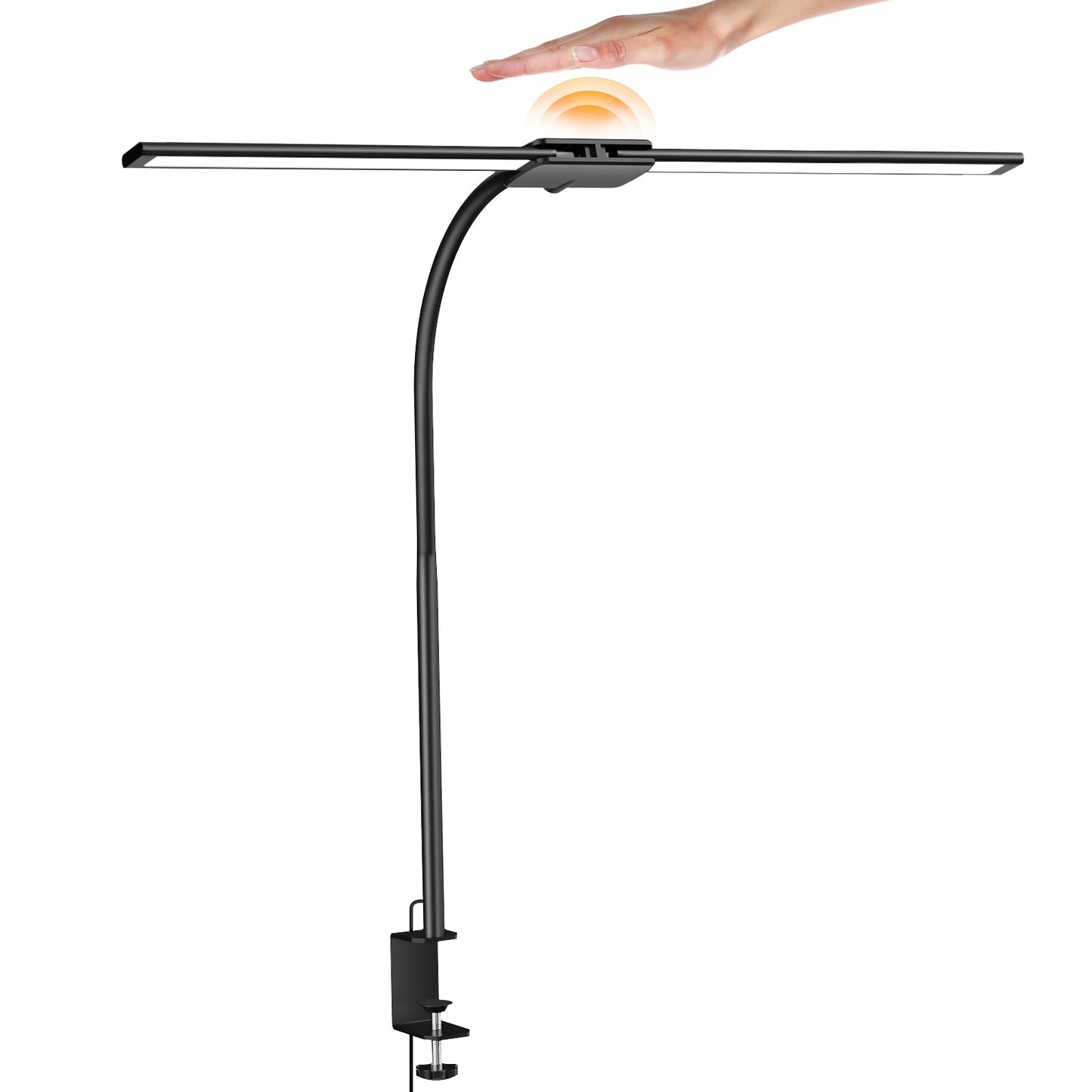 Syrinx LED Desk Lamp for Office Home – Eye Caring Dual Head Desk Light with Flexible Goose-Neck, Clamp, Motion Sensor/Wired Control, 50 Lighting Modes with Memory/Timer, Table Lamp for Study, Drafting
