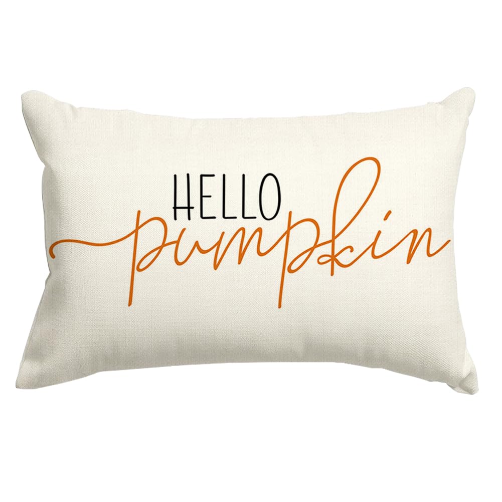 Fall Pillow Covers 12x20 Inch,Autumn Hello Pumpkin Pillows Decorative Throw Pillows,Lumbar Outdoor Thanksgiving Cushion Cover Farmhosue Fall Decor for Bedroom Couch Sofa White