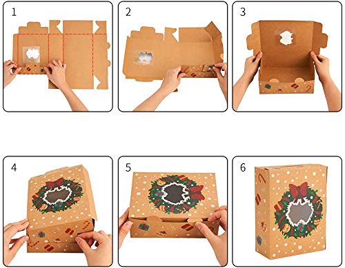 CCINEE Christmas Cookie Boxes,Kraft Treat Box with Window Ribbons for Bakery Candy Gift Giving Supplies,Pack of 12
