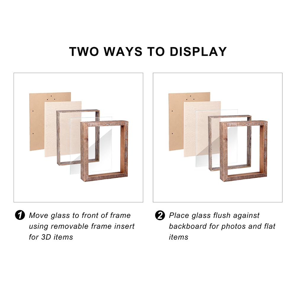 Shadow Box Picture Frame 8x8 Natural Wood Display Case with Linen Back for Memorabilia, Pins, Awards, Medals, Tickets and Photos - Weathered Brown