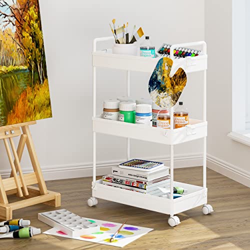 Ronlap 3 Tier Classic Storage Rolling Cart Slim Storage Cart with Wheels Slide Out Storage Rolling Cart Organizer Plastic for Bathroom Laundry, White
